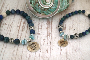 Mother and daughter lapis lazuli and larimar bead bracelet with silver beach charm