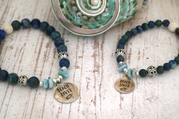 Load image into Gallery viewer, Mother and daughter lapis lazuli and larimar bead bracelet with silver beach charm
