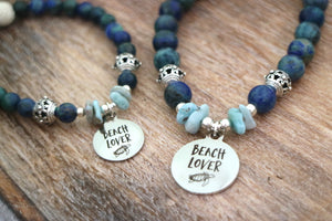 Mother and daughter lapis lazuli and larimar bead bracelet with silver beach charm