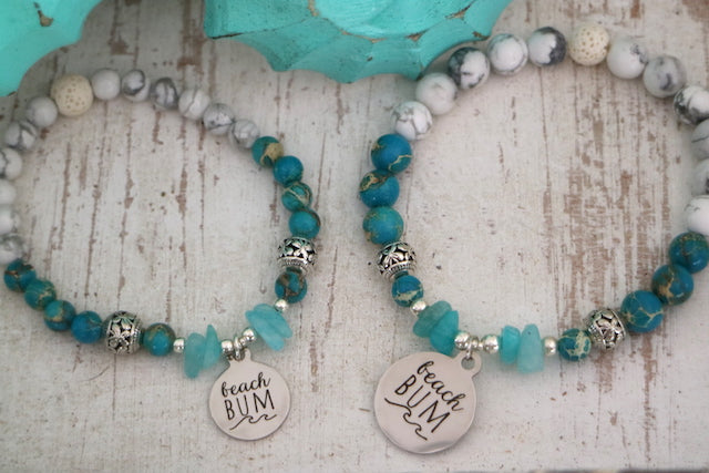 Blue sea jasper and white howlite and amazonite bracelet with silver beach bum charm