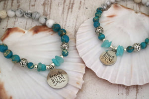 Blue sea jasper and white howlite and amazonite bracelet with silver beach bum charm