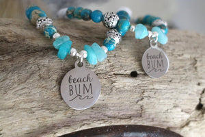Blue sea jasper and white howlite and amazonite bracelet with silver beach bum charm