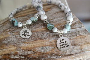 White howlite and larimar bead bracelet with silver beach charm