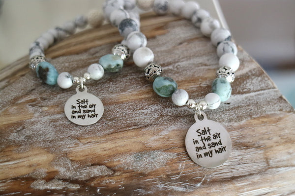 Load image into Gallery viewer, White howlite and larimar bead bracelet with silver beach charm
