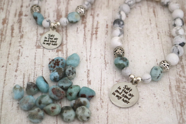 Load image into Gallery viewer, White howlite and larimar bead bracelet with silver beach charm
