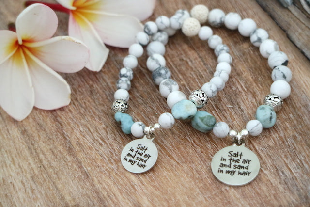 White howlite and larimar bead bracelet with silver beach charm