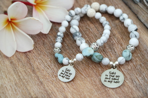 Load image into Gallery viewer, White howlite and larimar bead bracelet with silver beach charm
