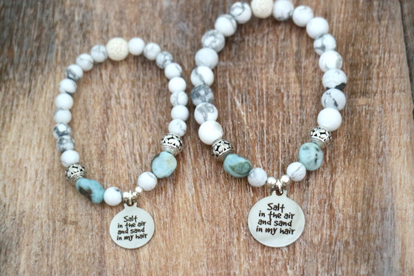 Load image into Gallery viewer, White howlite and larimar bead bracelet with silver beach charm
