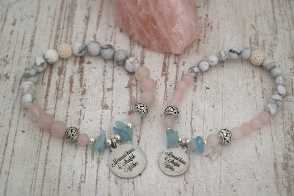 Load image into Gallery viewer, Rose quartz and white howlite and aquamarine bead bracelet with silver charm
