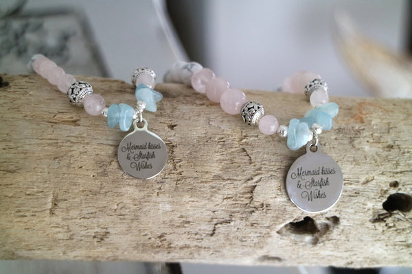 Load image into Gallery viewer, Rose quartz and white howlite and aquamarine bead bracelet with silver charm
