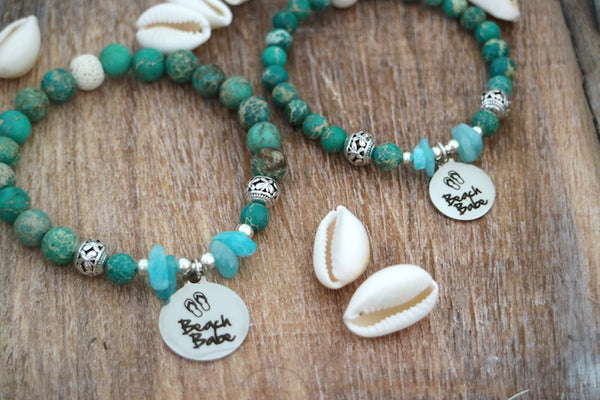 Load image into Gallery viewer, Green Sea Sediment jasper and amazonite bead bracelet with silver beach babe charm
