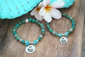 Green Sea Sediment jasper and amazonite bead bracelet with silver beach babe charm