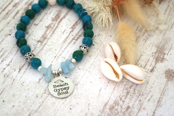 Load image into Gallery viewer, Lapis Lazuli and aquamarine bead bracelet with beach gypsy soul silver charm
