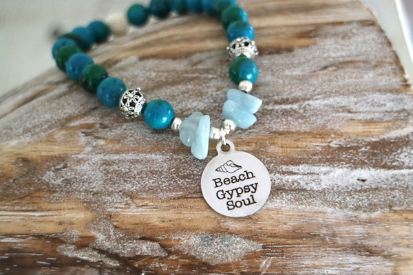Load image into Gallery viewer, Lapis Lazuli and aquamarine bead bracelet with beach gypsy soul silver charm
