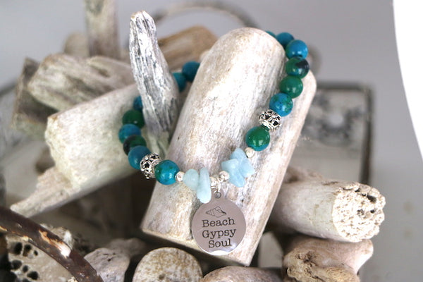 Load image into Gallery viewer, Lapis Lazuli and aquamarine bead bracelet with beach gypsy soul silver charm
