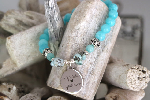 Blue quartz and larimar bracelet with silver high tides good vibes charm