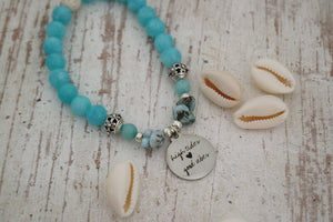 Blue quartz and larimar bracelet with silver high tides good vibes charm