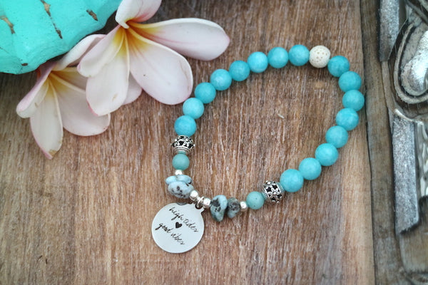 Load image into Gallery viewer, Blue quartz and larimar bracelet with silver high tides good vibes charm

