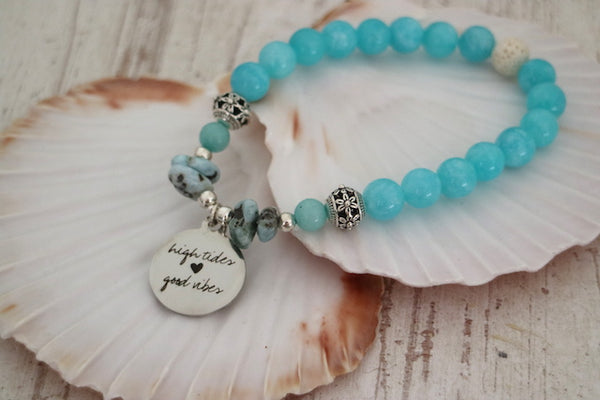 Load image into Gallery viewer, Blue quartz and larimar bracelet with silver high tides good vibes charm
