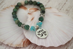 African turquoise and amazonite bead bracelet with silver gypsea soul charm