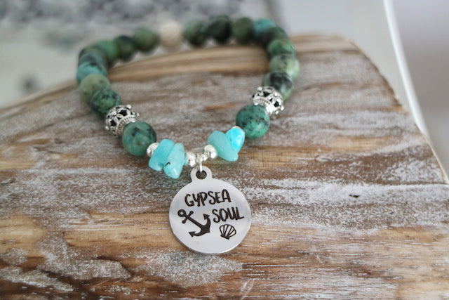 African turquoise and amazonite bead bracelet with silver gypsea soul charm