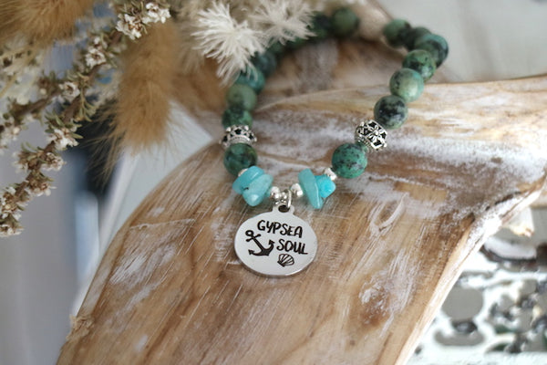 Load image into Gallery viewer, African turquoise and amazonite bead bracelet with silver gypsea soul charm
