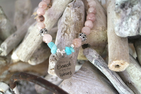 Load image into Gallery viewer, Pink opal and amazonite bracelet with silver beach charm
