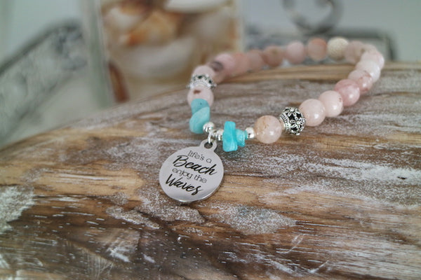 Load image into Gallery viewer, Pink opal and amazonite bracelet with silver beach charm
