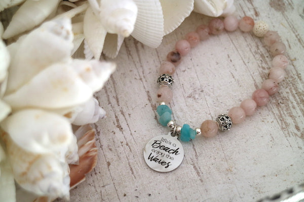 Load image into Gallery viewer, Pink opal and amazonite bracelet with silver beach charm
