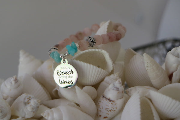 Load image into Gallery viewer, Pink opal and amazonite bracelet with silver beach charm
