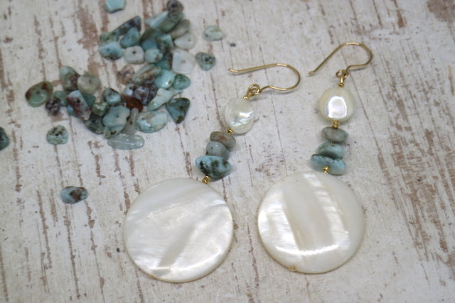 Pearl shell and larimar gemtone gold earrings