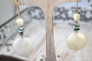 Pearl shell and larimar gemtone gold earrings