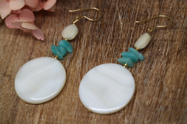 Load image into Gallery viewer, Pearl shell and amazonite gemstone gold earrings

