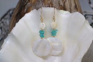 Pearl shell and amazonite gemstone gold earrings