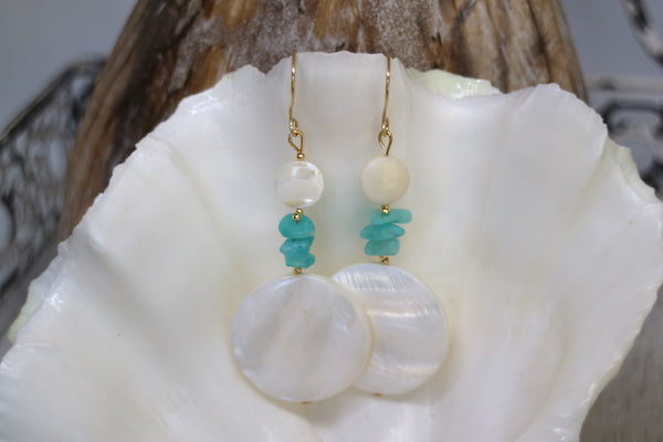 Load image into Gallery viewer, Pearl shell and amazonite gemstone gold earrings
