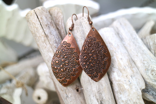 Bohemian floral engraved copper earrings