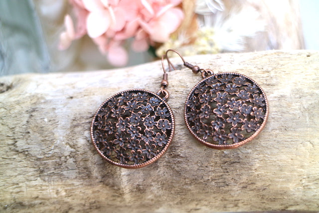 Bohemian antique copper flower earrings