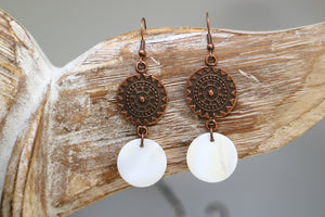 Mother of pearl shell and antique copper bohemian/aztec earrings