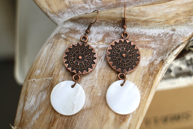 Mother of pearl shell and antique copper bohemian/aztec earrings