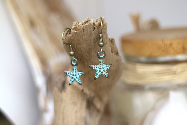Bronze blue patina starfish earrings