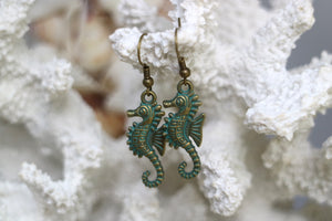 Bronze green patina seahorse earrings