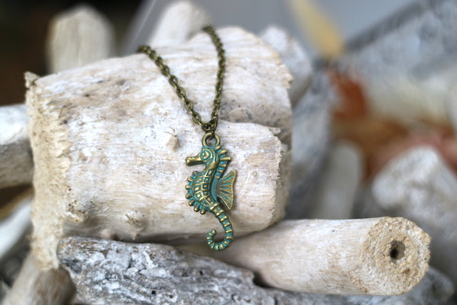 Bronze green patina vintage seahorse necklace