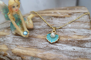Children's blue and gold shell and pearl necklace