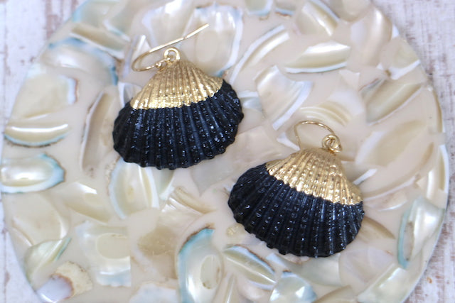 Black and gold cockle shell earrings