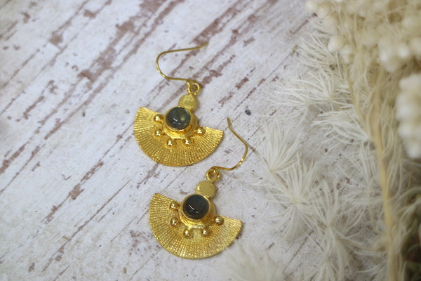 Load image into Gallery viewer, Labradorite gold bohemian earrings
