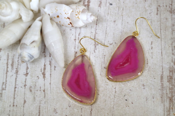 Load image into Gallery viewer, Pink agate gemstone gold earrings
