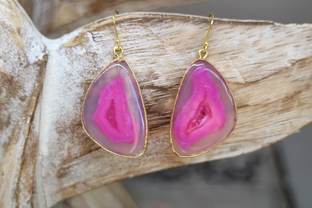 Pink agate gemstone gold earrings