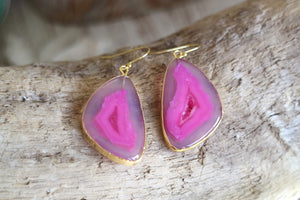 Pink agate gemstone gold earrings
