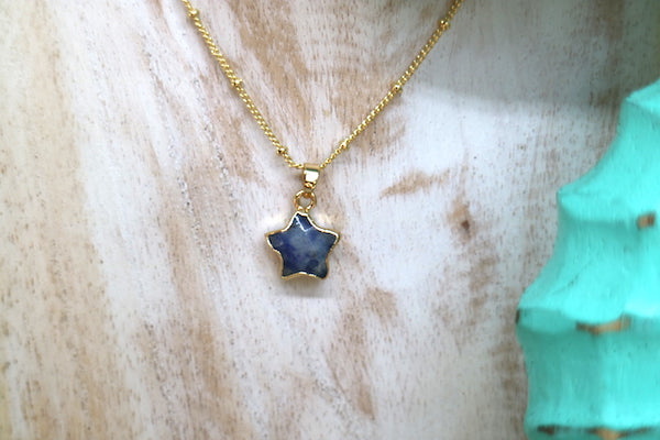 Load image into Gallery viewer, Children&#39;s blue spot jasper gemstone star gold necklace
