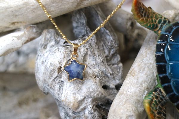 Load image into Gallery viewer, Children&#39;s blue spot jasper gemstone star gold necklace
